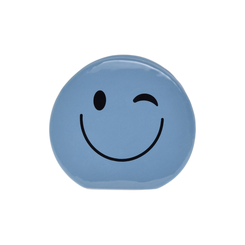 Goodies, blue ceramic winky eyes smiley face candle